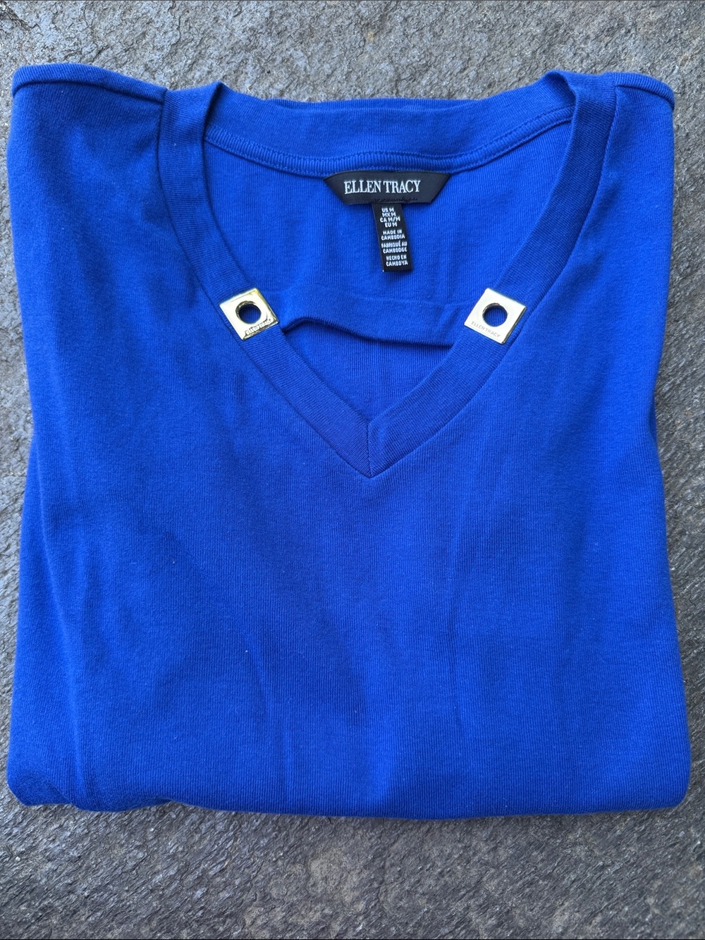 Ellen Tracy Cobalt Blue V-Neck Sweater with Silver Grommet Accents